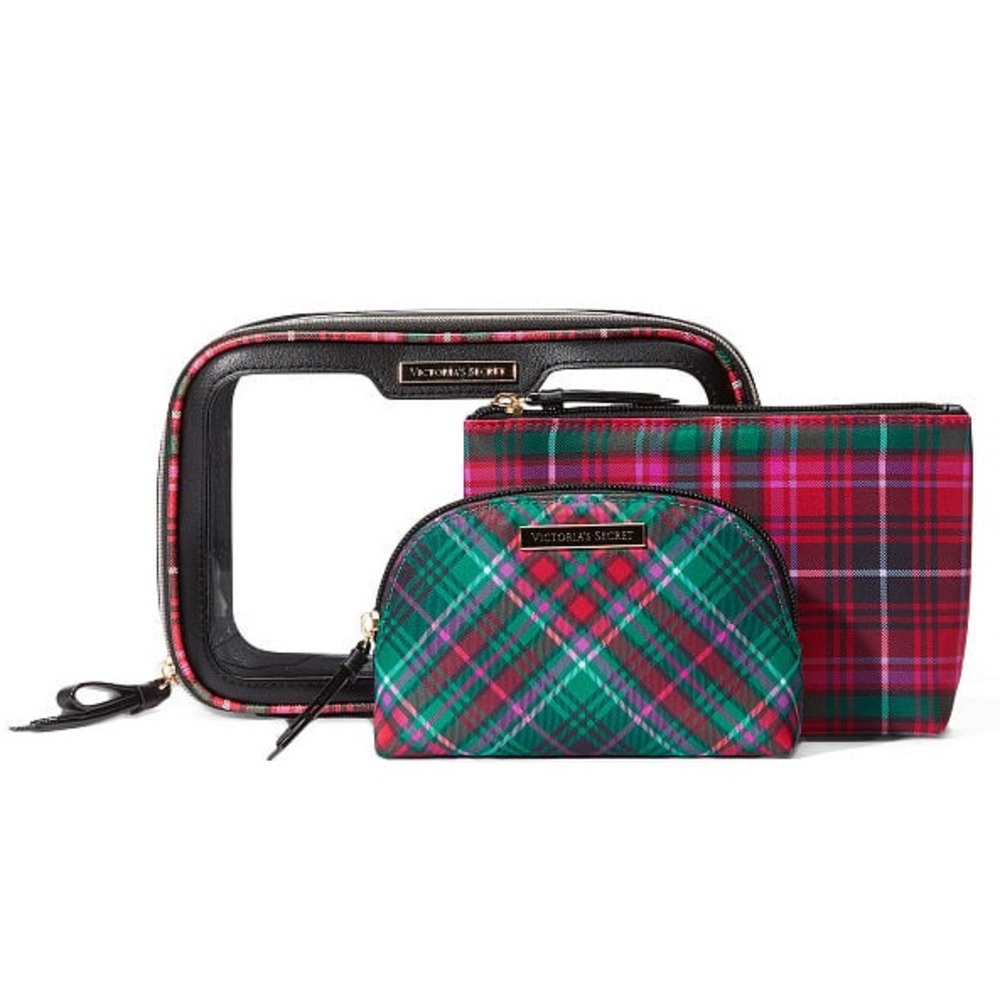 NWT Victoria’s Secret Beauty-To-Go Bag Trio, Tartan/Plaid - Pink/Green